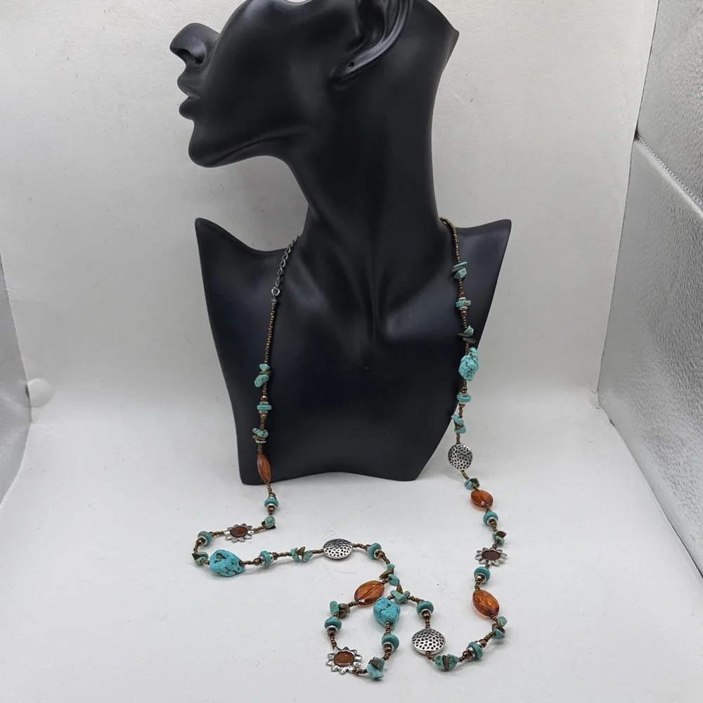 Boho Blue Amber Beaded Necklace Silver Tone Sunburst Charms Southwestern - Picture 3 of 5